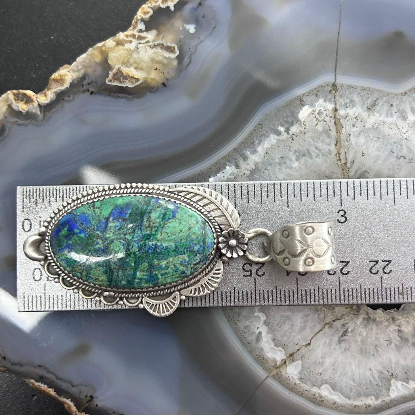 Sterling Silver Southwestern Style Elongated Chrysocolla Decorated Pendant For Women