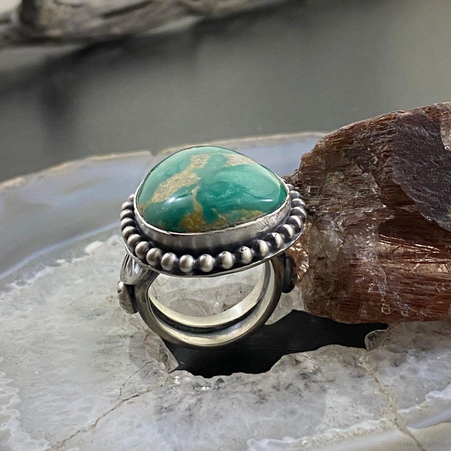 Native American Sterling Silver Turquoise Decorated Ring Size 8 For Women