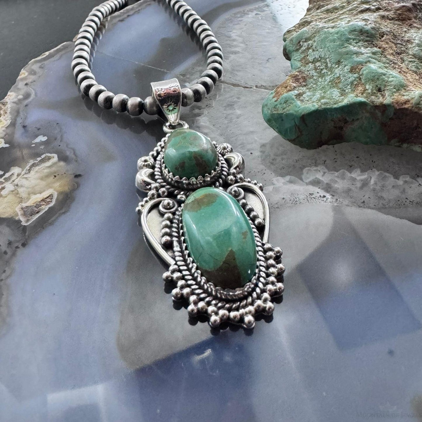 Sterling Silver Southwestern Style Long Turquoise Decorated Pendant For Women