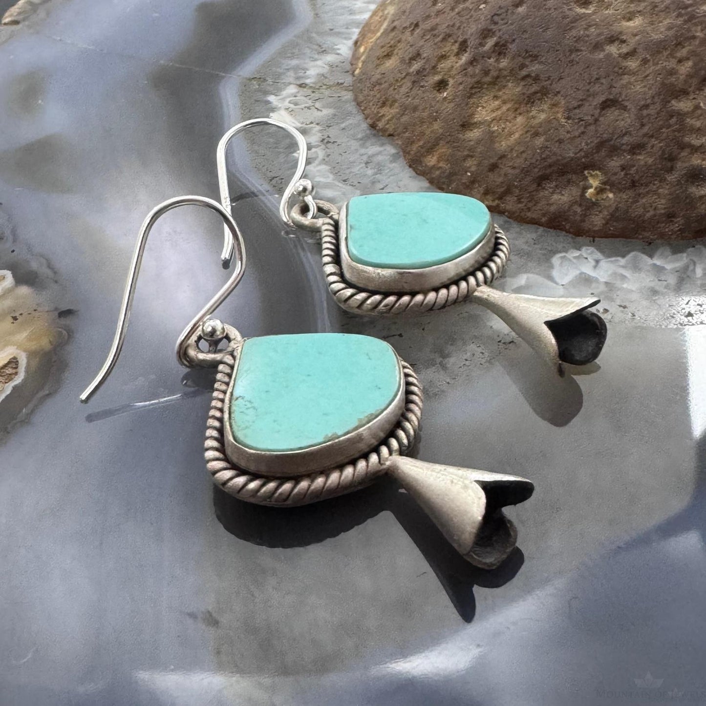 Sterling Silver Southwestern Style Turquoise Squash Blossom Dangle Earrings For Women