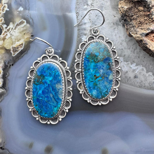 Sterling Silver Southwestern Style Oval Shattuckite Dangle Earrings For Women #1