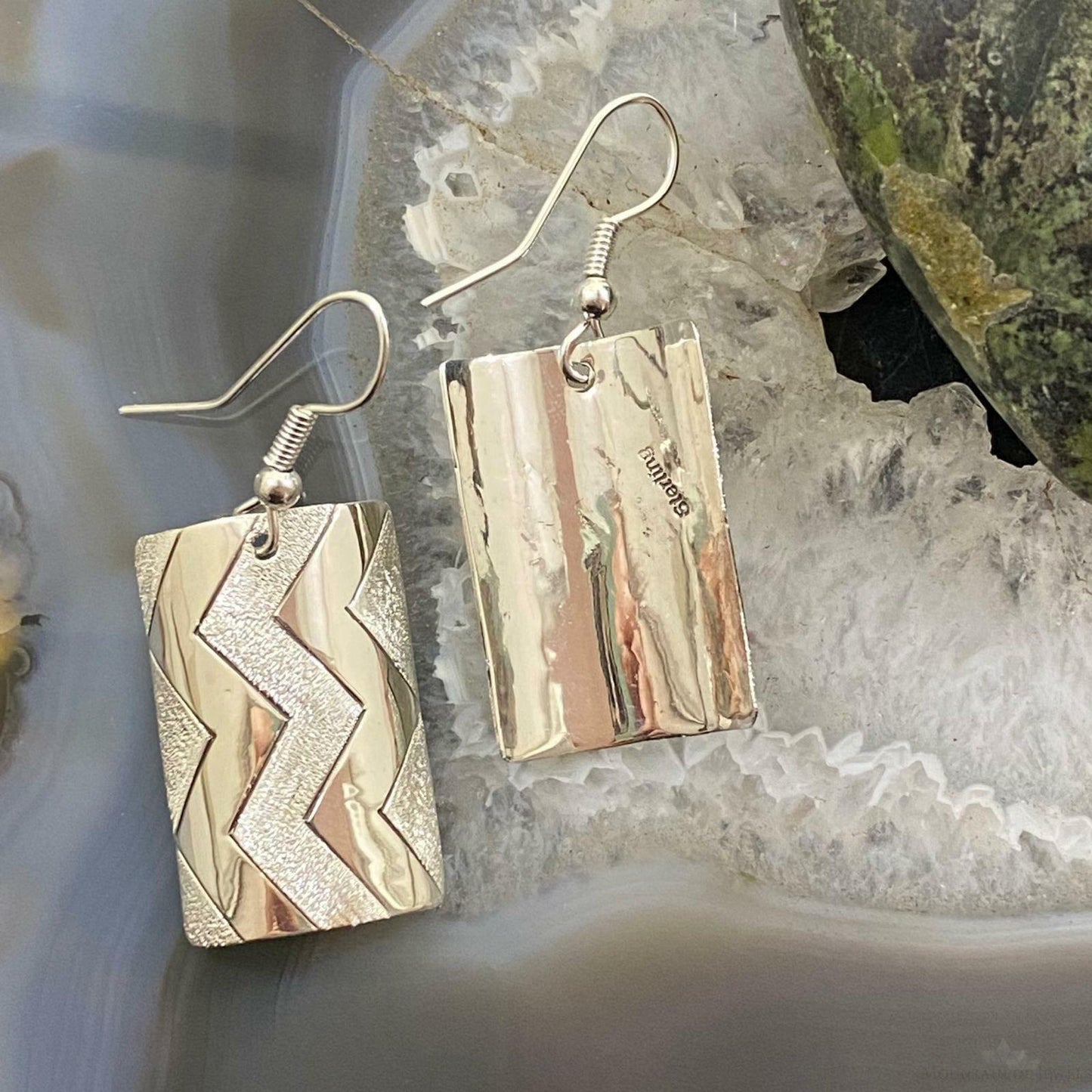 Sterling Silver Pattern Stamped Texture Curved Dangle Earrings For Women #5