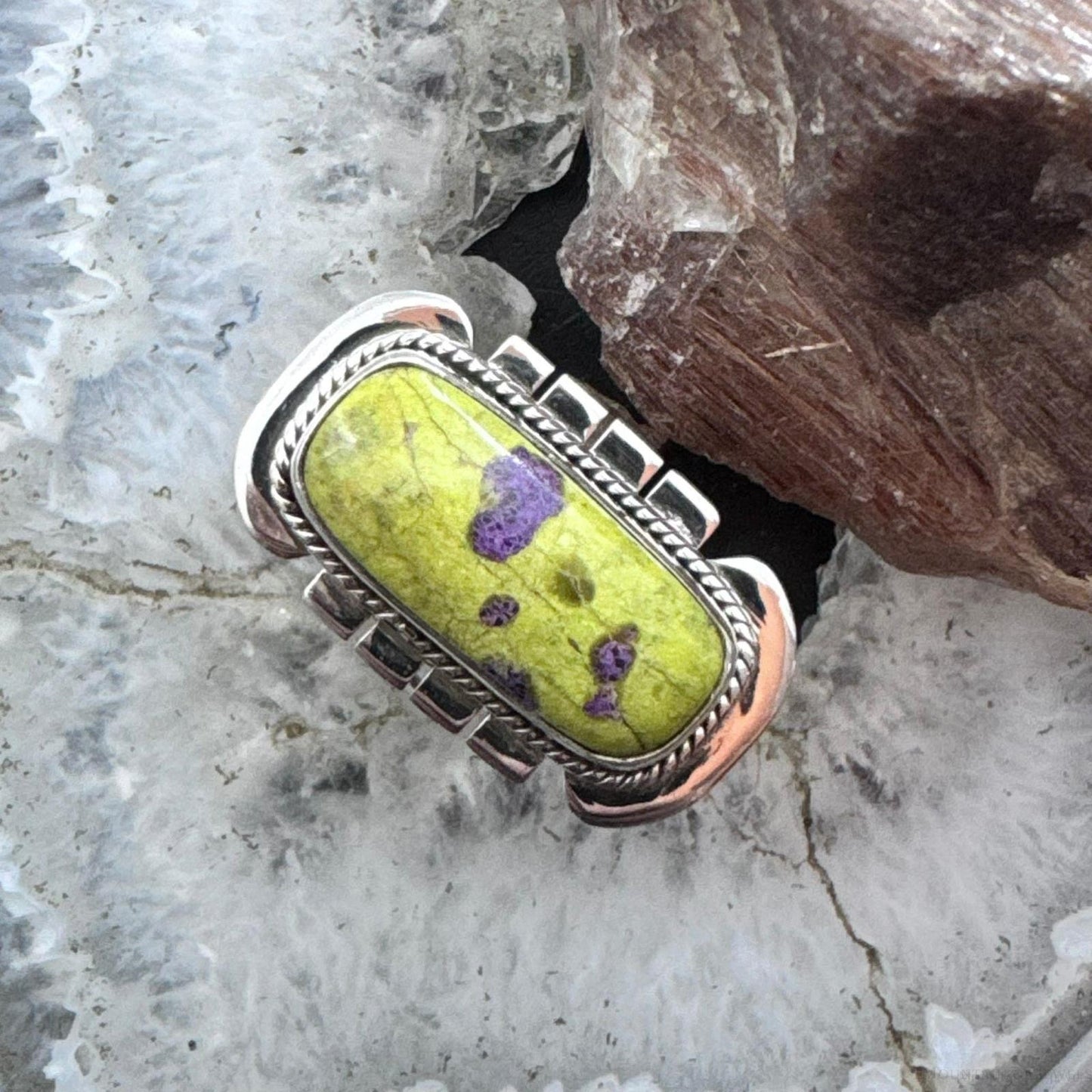 Sterling Silver Southwestern Style Atlantisite Decorated Bar Ring Size 8.5 For Women