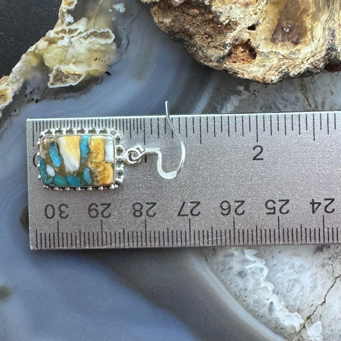 Sterling Silver Southwestern Style Rectangle Spiny Oyster Turquoise Dangle Earrings For Women