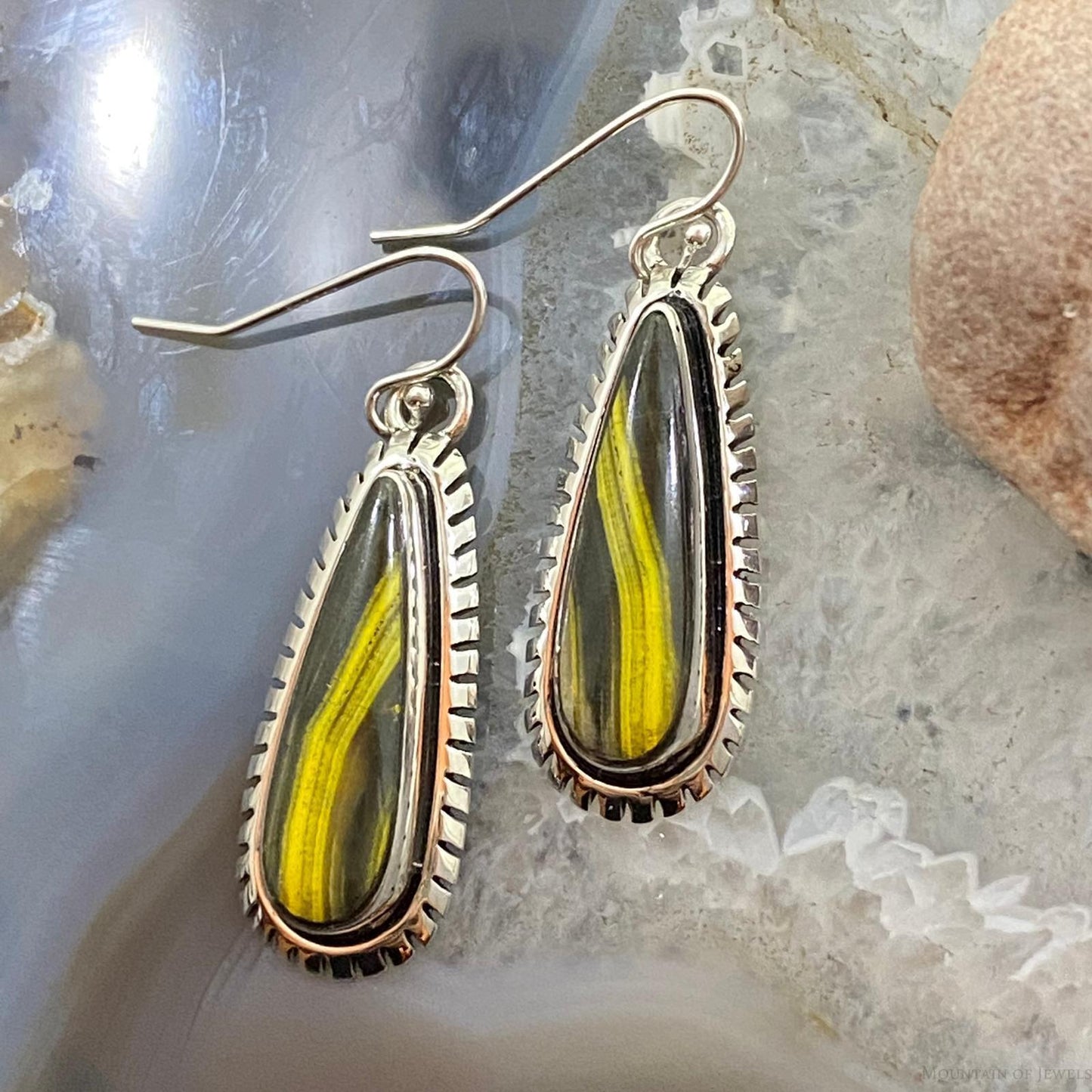 Native American Sterling Silver Teardrop Unique Bumblebee Jasper Dangle Earrings
