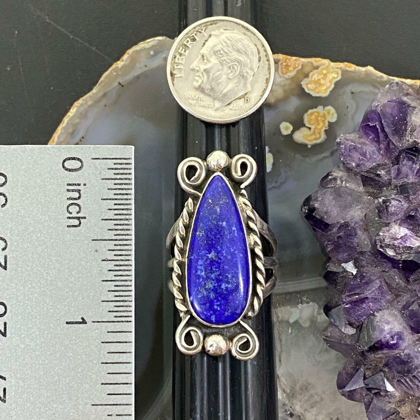 Native American Sterling Silver Lapis Decorated Teardrop Ring SZ 5.75 For Women