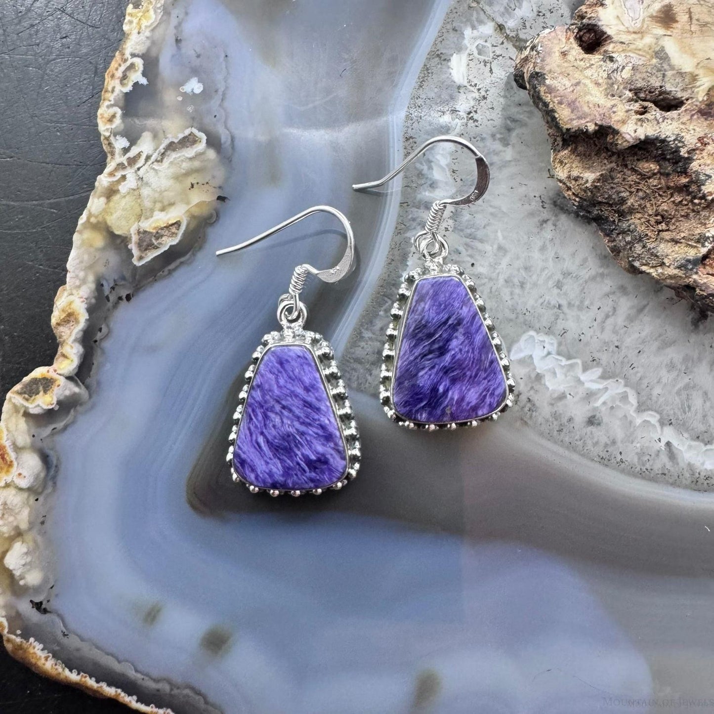 Sterling Silver Southwestern Style Trapezoid Charoite Decorated Dangle Earrings For Women