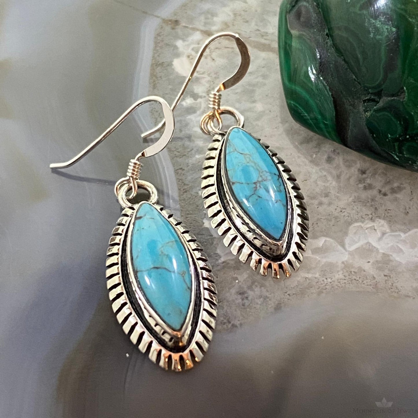 Native American Sterling Silver Marquise Turquoise Dangle Earrings For Women