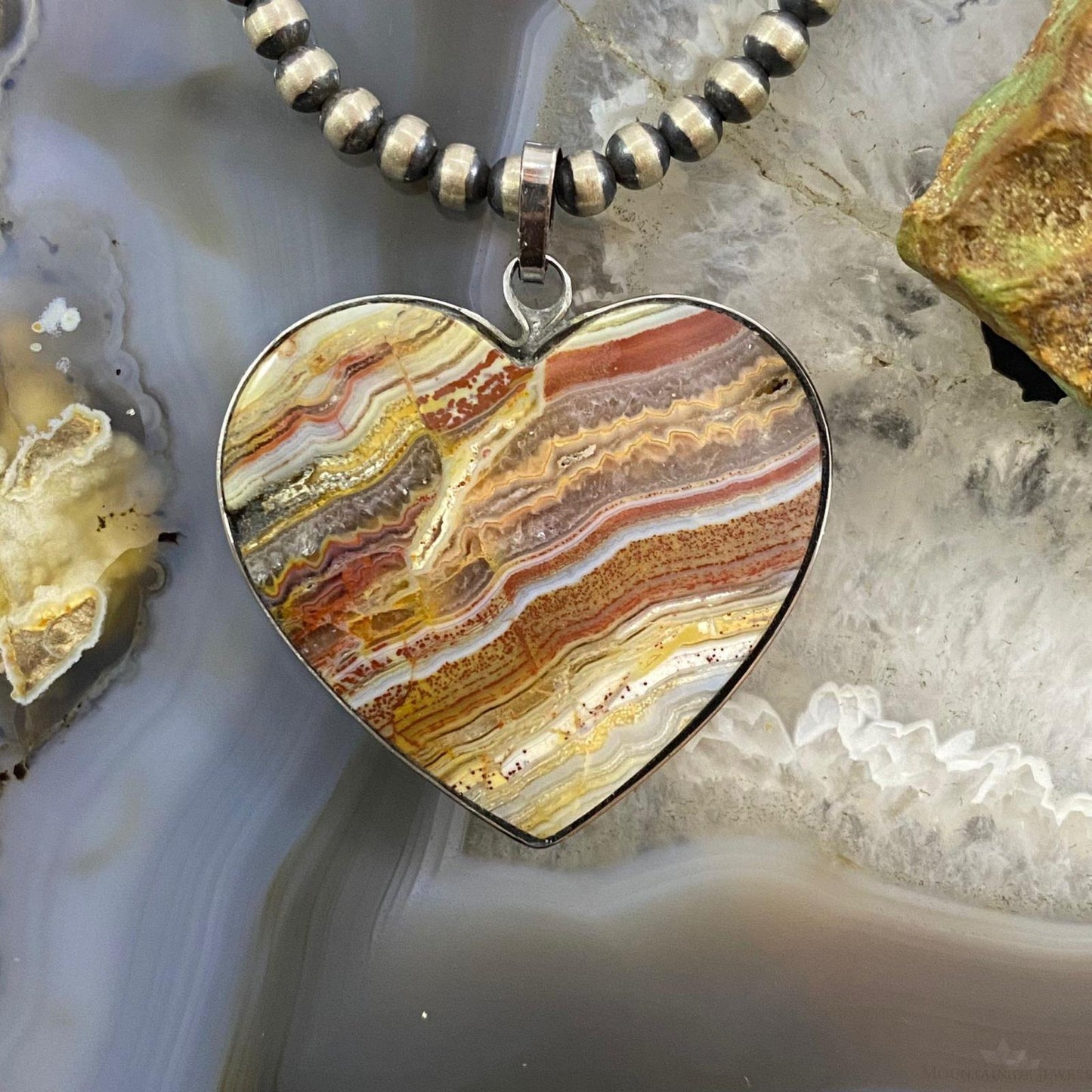 Heart Shape Crazy Lace Agate Pendant For Women Set in Stainless Steel #108