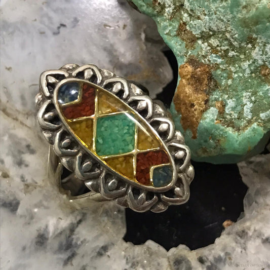 Carolyn Pollack Sterling Silver Elongated Oval Multistone Chip Inlay Ring Size 6 For Women