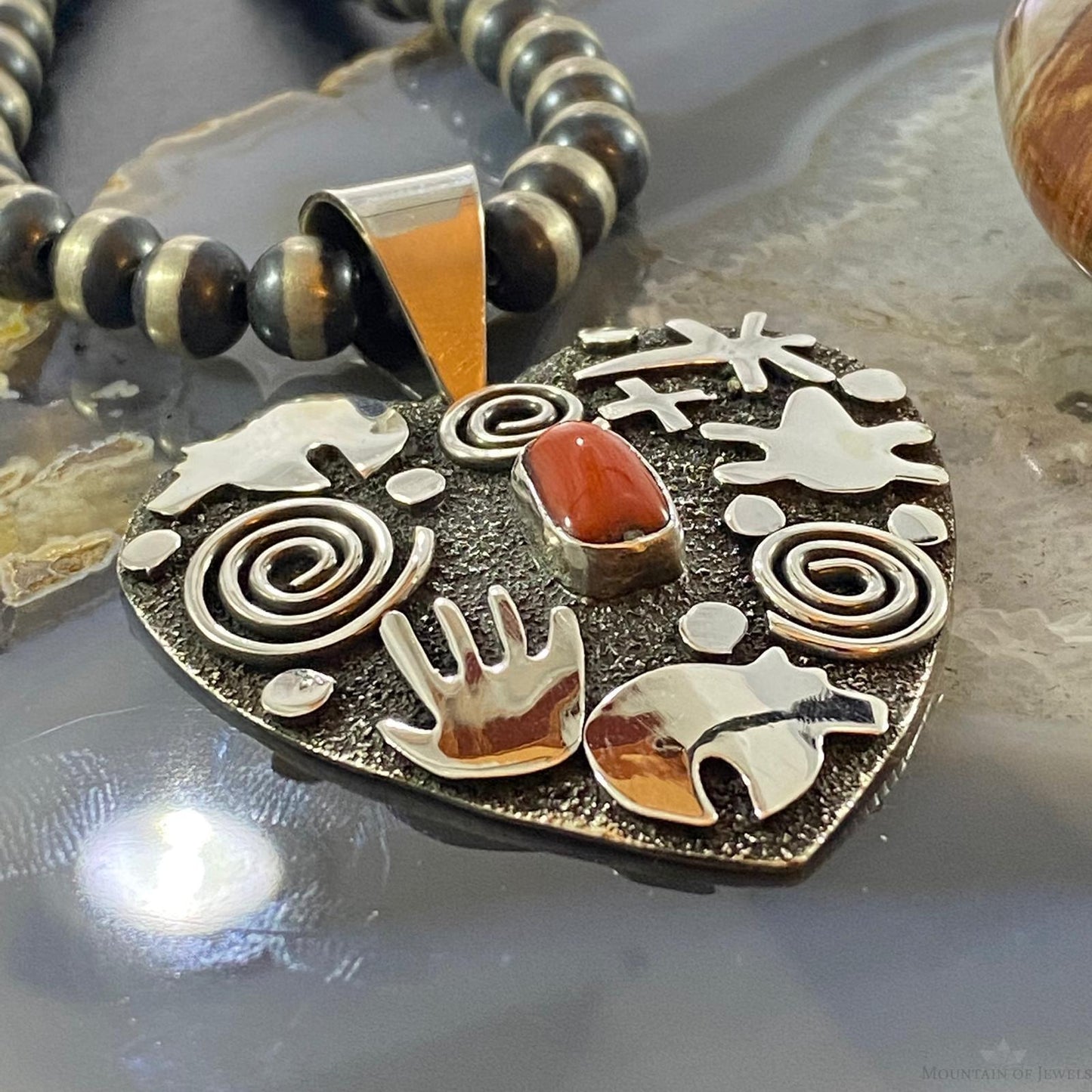 Alex Sanchez Sterling Silver Coral Large Petroglyph Heart Pendant For Women