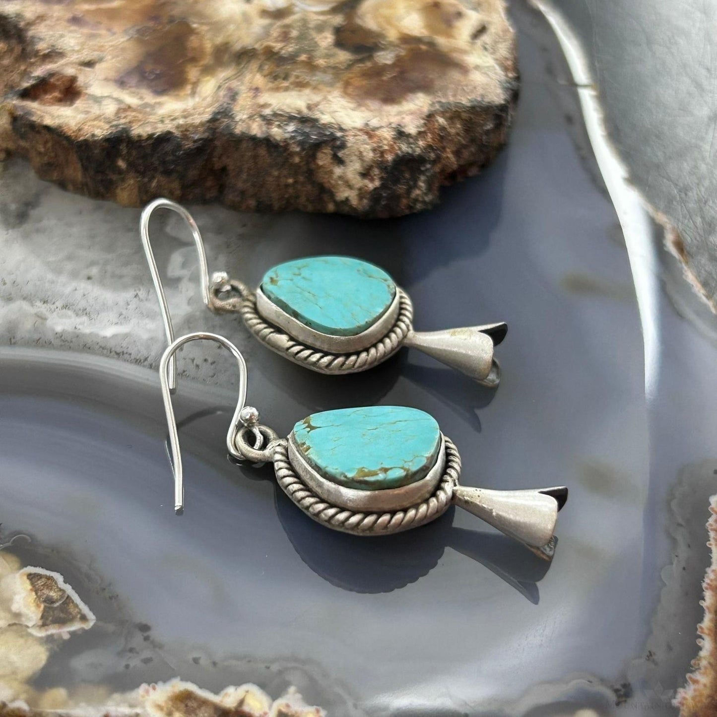 Sterling Silver Southwestern Style Turquoise Squash Blossom Dangle Earrings For Women #4