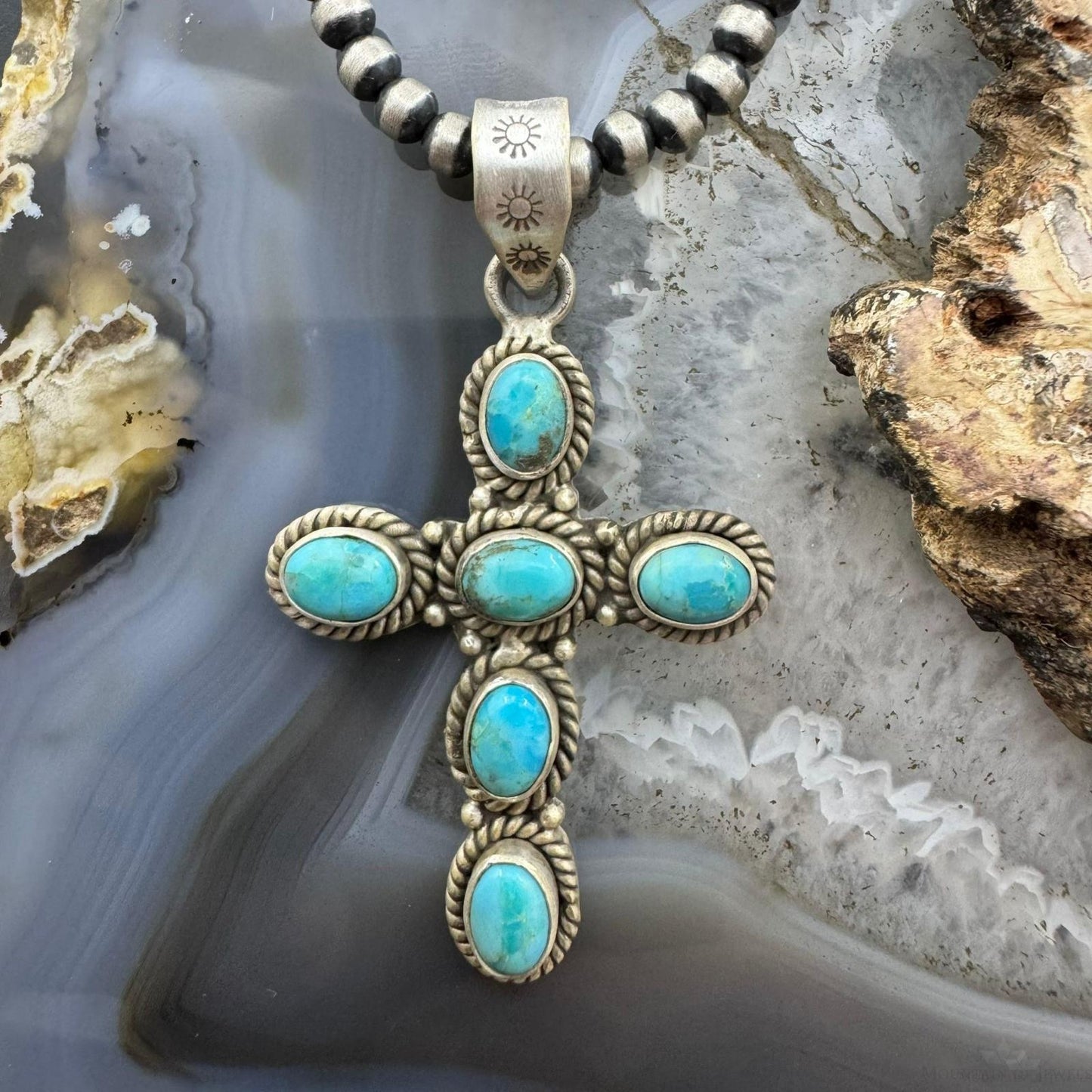 Sterling Silver Southwestern Style 6 Oval Turquoise Decorated Unisex Cross Pendant