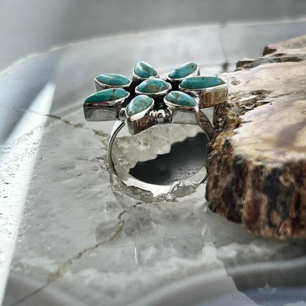 Sterling Silver Southwestern Style Mohave Turquoise Cluster Ring Size 7 For Women