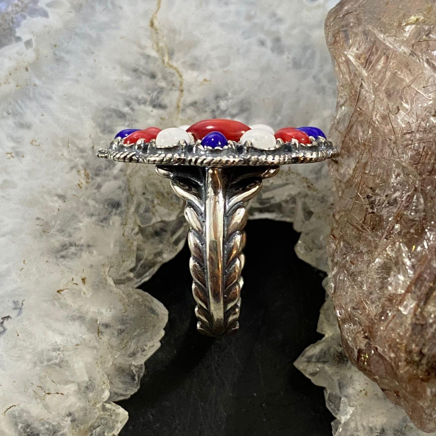 Carolyn Pollack Southwestern Style Sterling Silver Red Coral, White Agate, Lapis Cluster Ring For Women