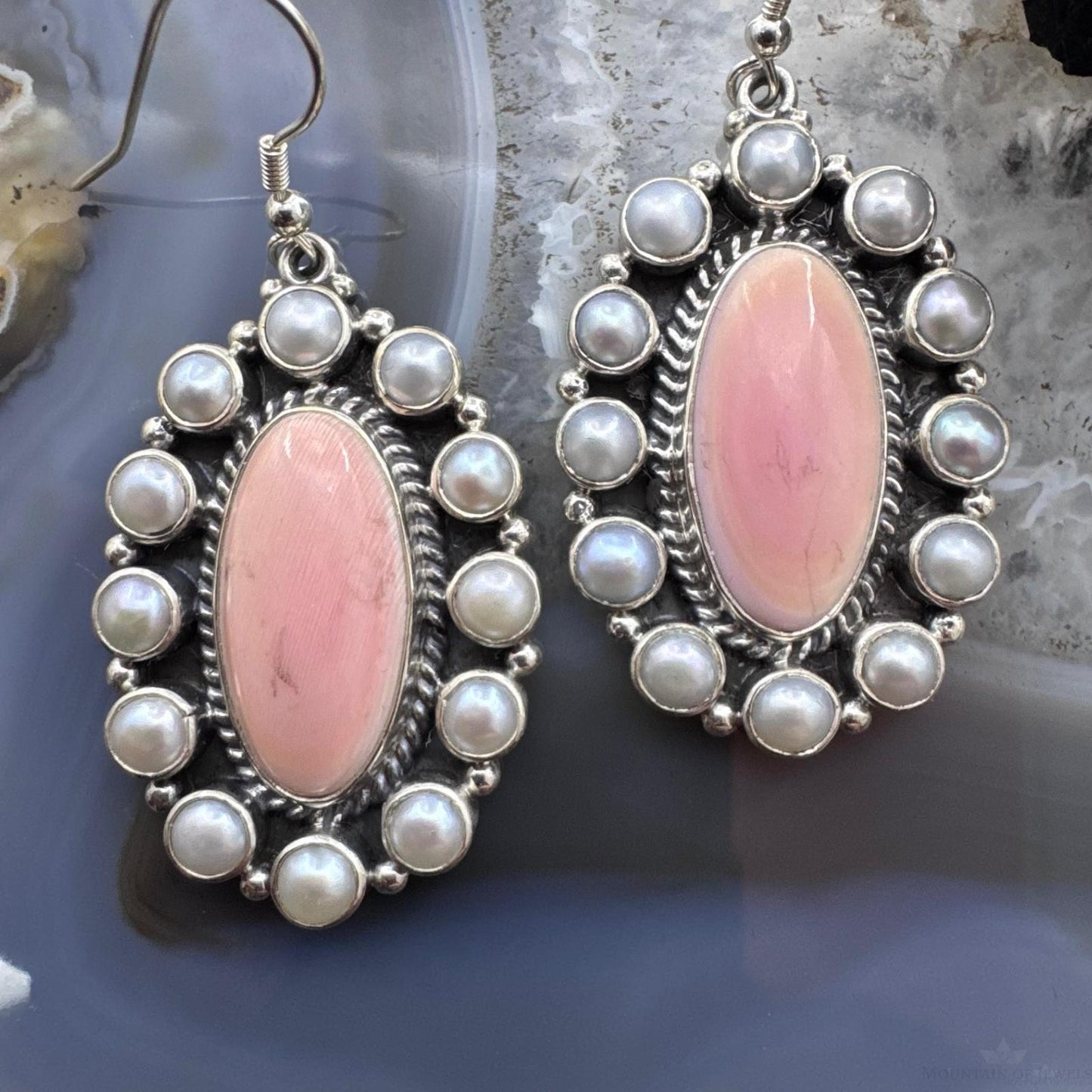 Native American Sterling Silver Oval Pink Conch w/Gray Pearls Dangle Earrings For Women