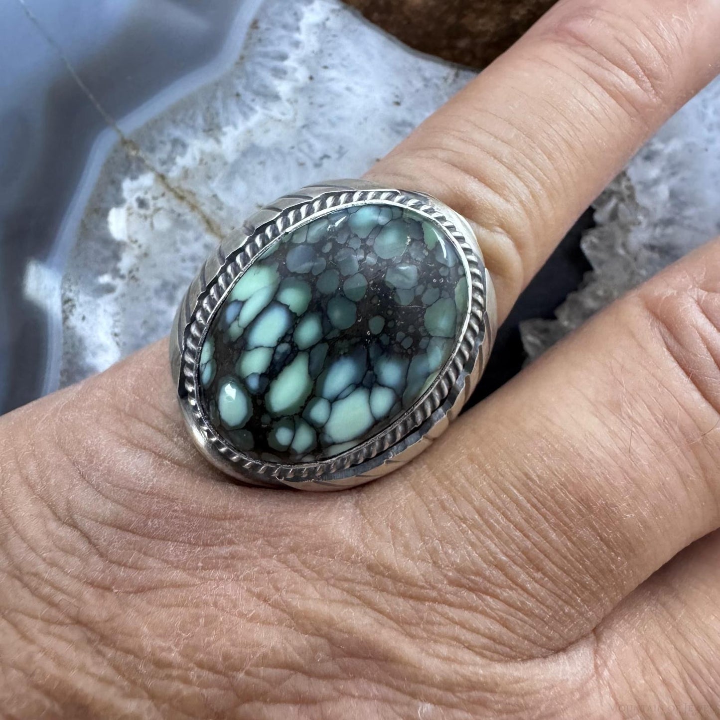 Native American Sterling Silver Oval Lander Turquoise Shield Ring Size 9.5 For Men