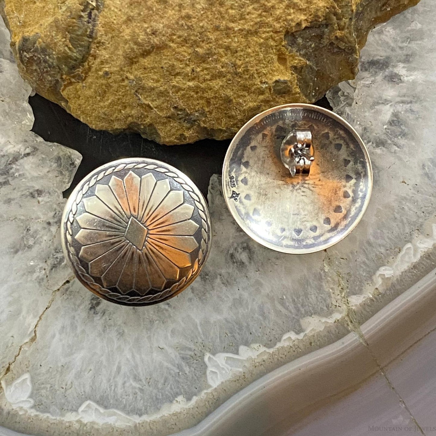 Native American Sterling Silver Round Floral Stud Earrings For Women