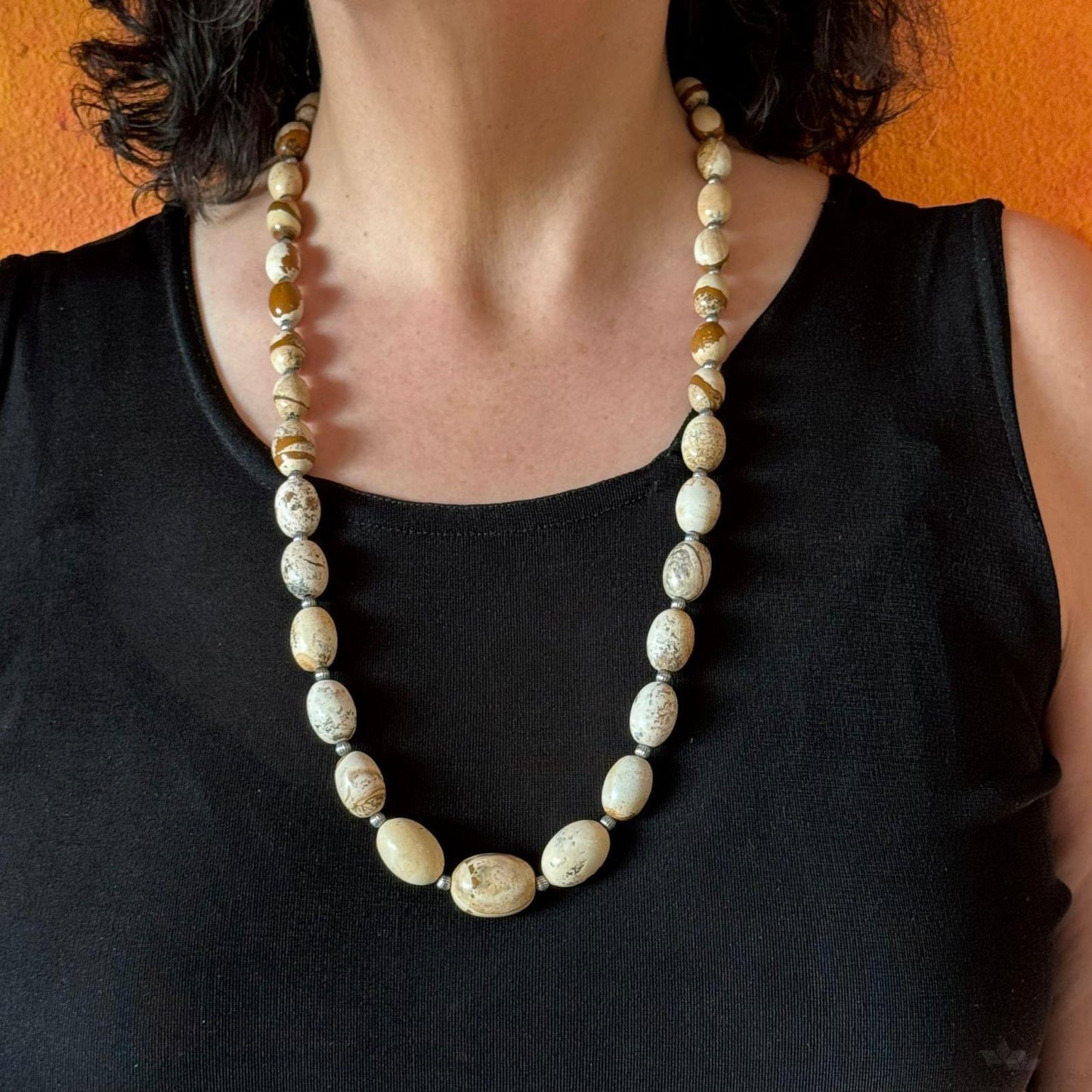 Carolyn Pollack Sterling Silver Egg Shape Picture Jasper Beaded Necklace For Women