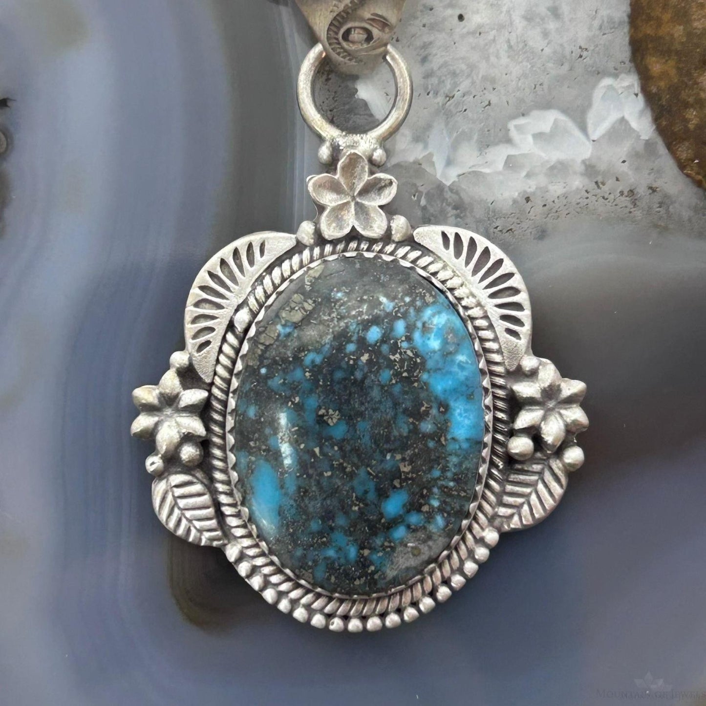 Sterling Silver Southwestern Style Oval Turquoise Decorated Pendant For Women