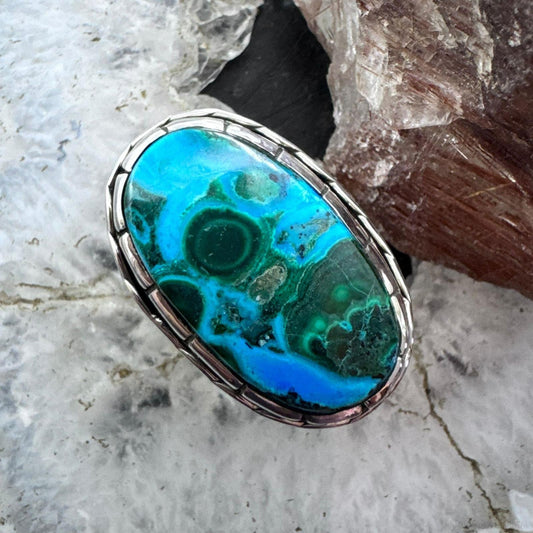 Sterling Silver Southwestern Style Elongated Oval Malachite Azurite Ring Size 9.5 For Women