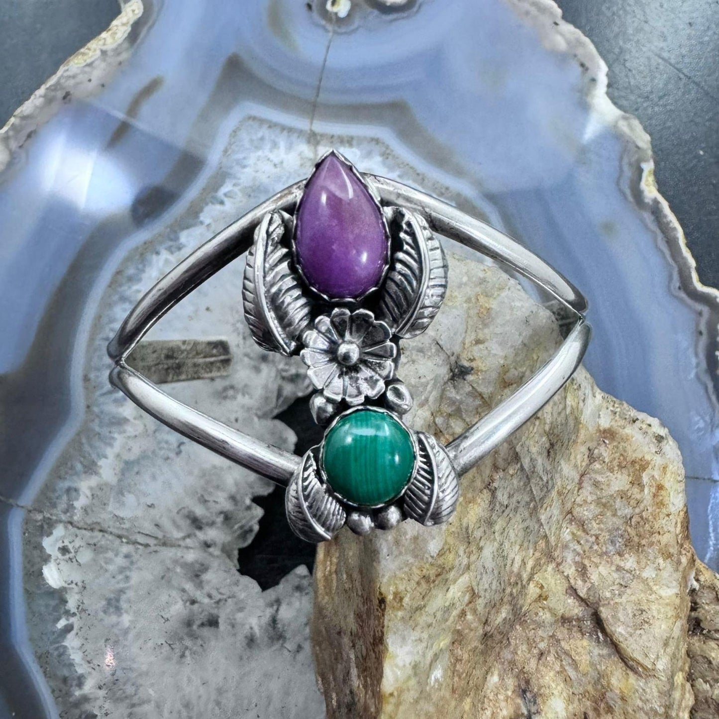 Vintage K. Martinez Native American Sterling Silver Malachite & Sugilite Cuff For Women