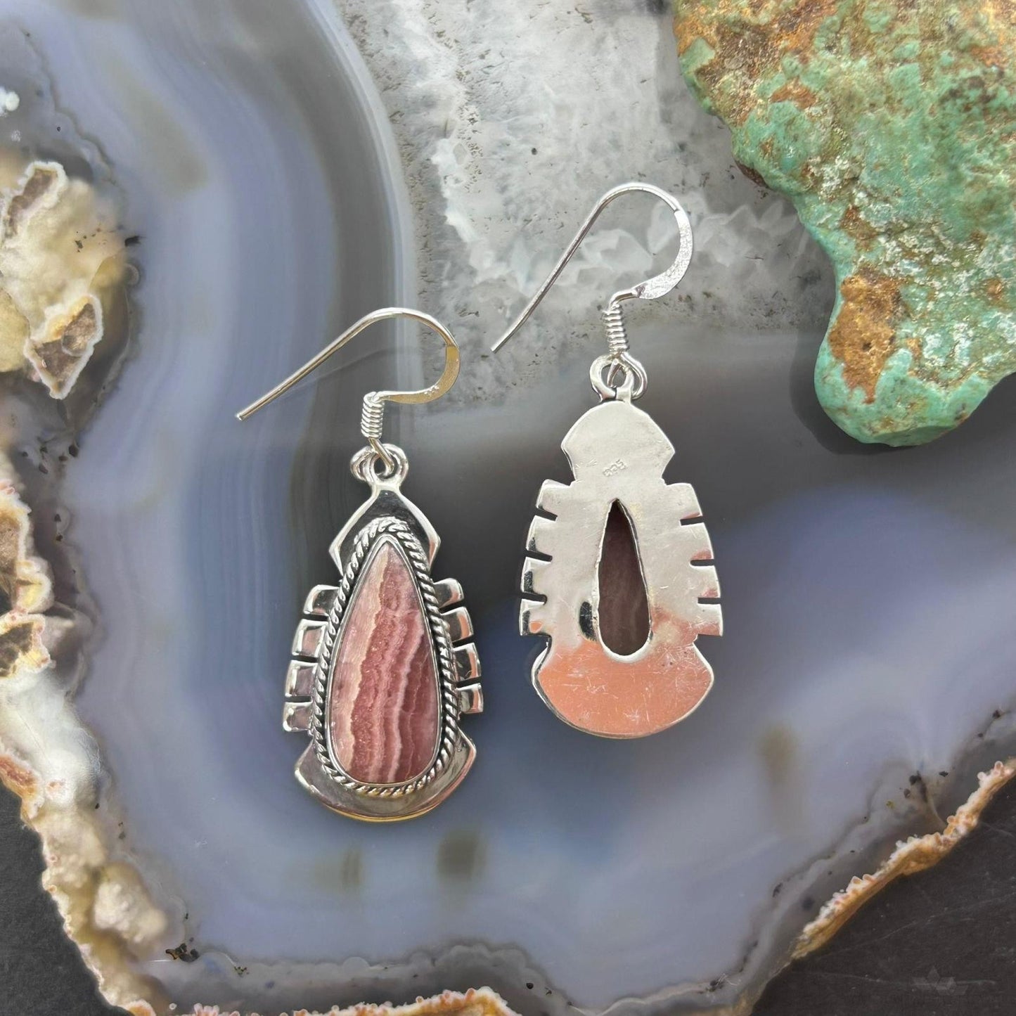 Sterling Silver Southwestern Style Teardrop Rhodochrosite Dangle Earrings For Women