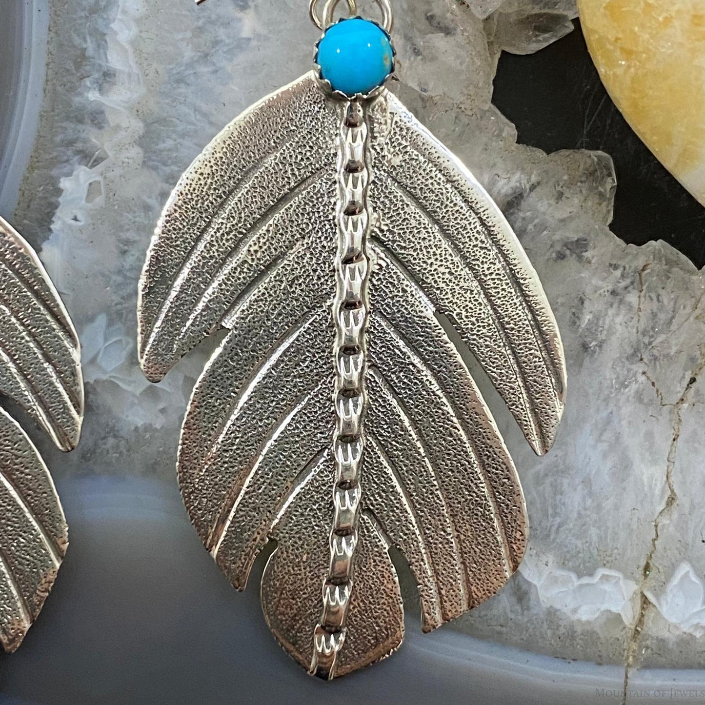 Brad Panteah Sterling Silver Turquoise Feather Texture Dangle Earrings For Women