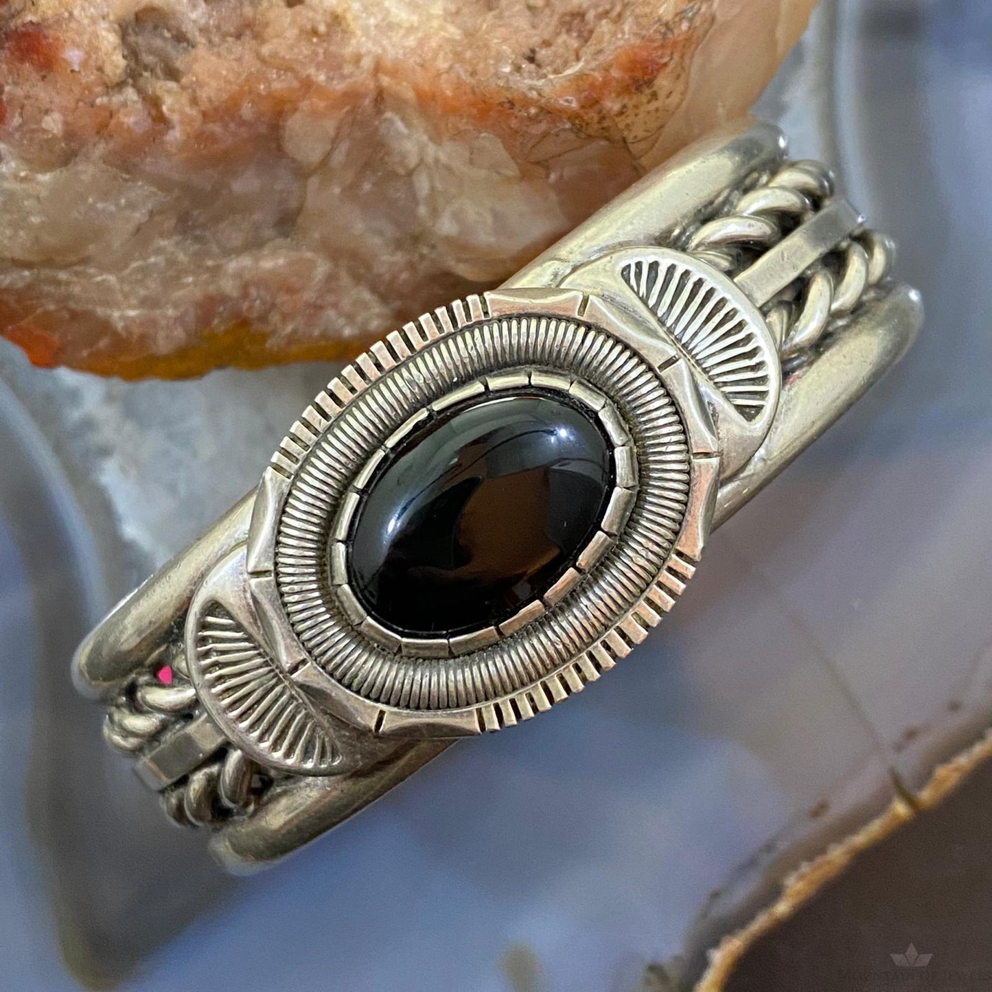 Wilbert Vandever Native American Sterling Silver Engraved Oval Onyx Bracelet