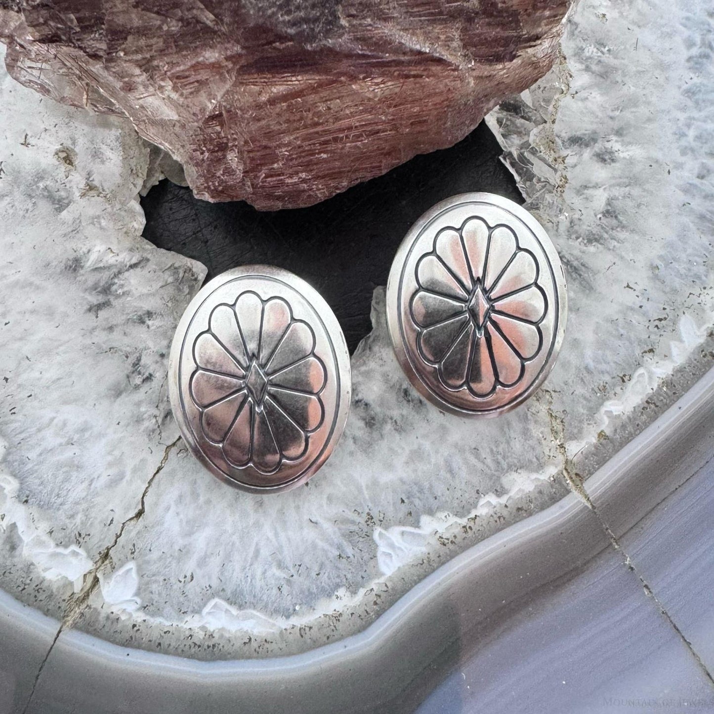 Native American Sterling Silver Round Stamped Oval Concho Stud Earrings For Women