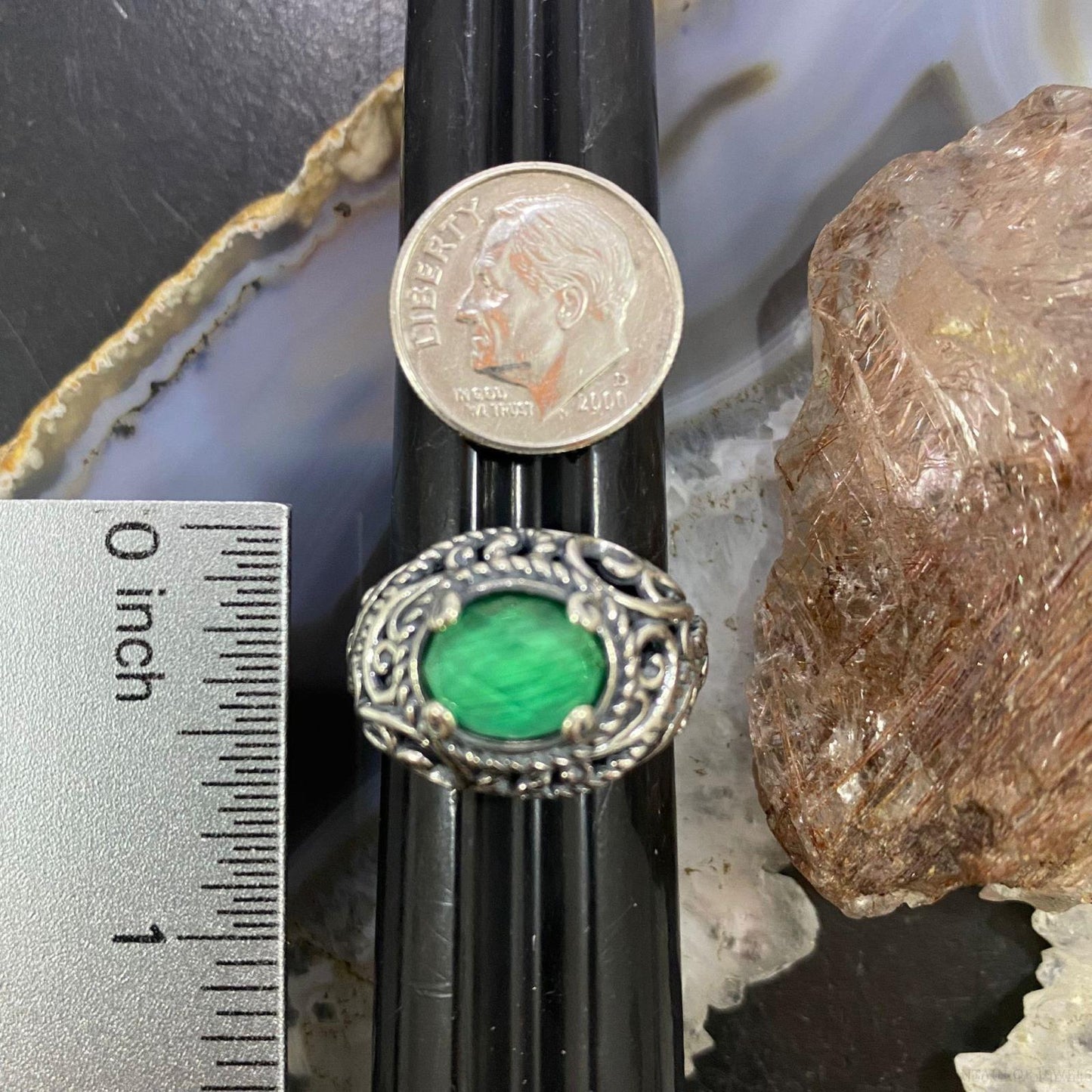 Carolyn Pollack Sterling Silver Oval Malachite & Quartz Decorated Doublet Ring For Women