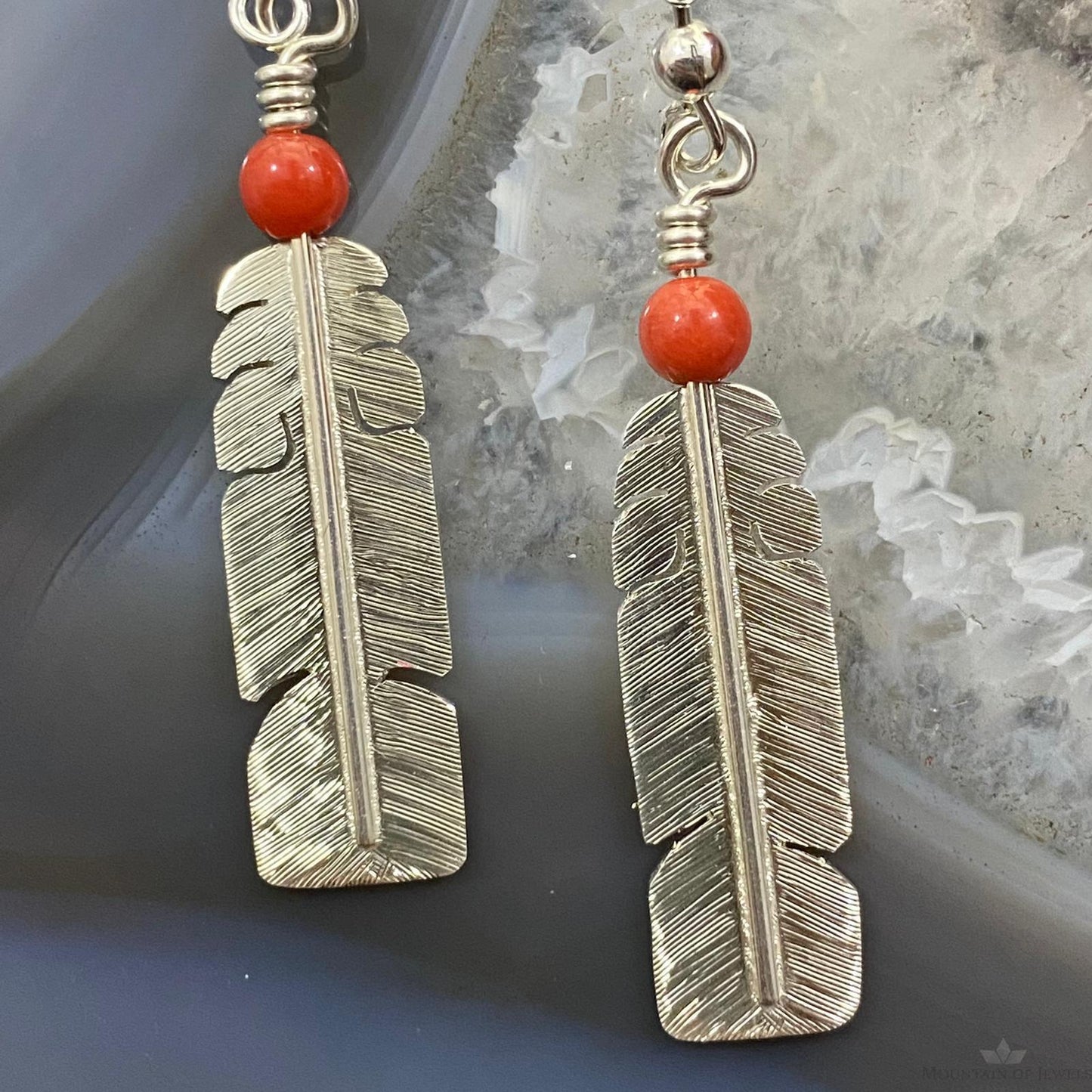 David Kuticka Native American Sterling Silver Feather w/Coral Dangle Earrings #2