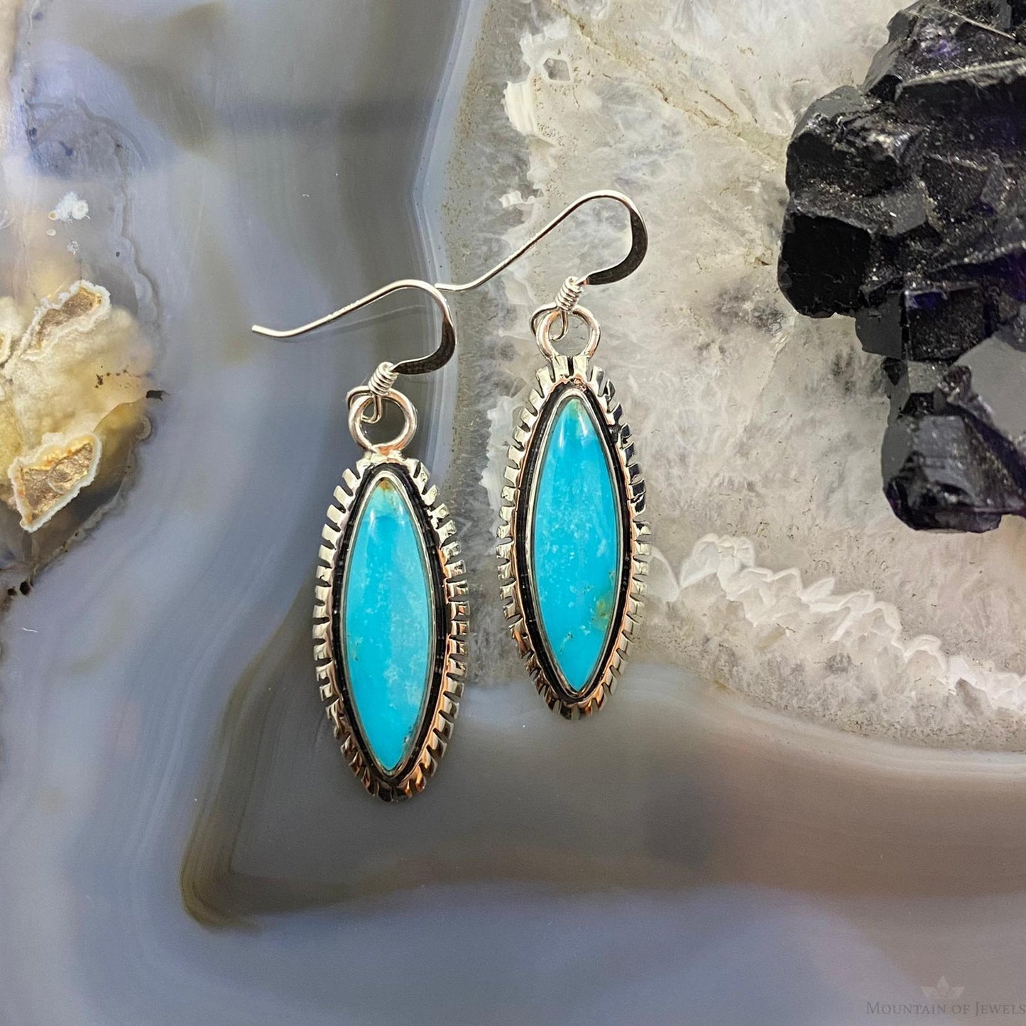 Native American Sterling Silver Marquise Blue Ridge Turquoise Dangle Earrings