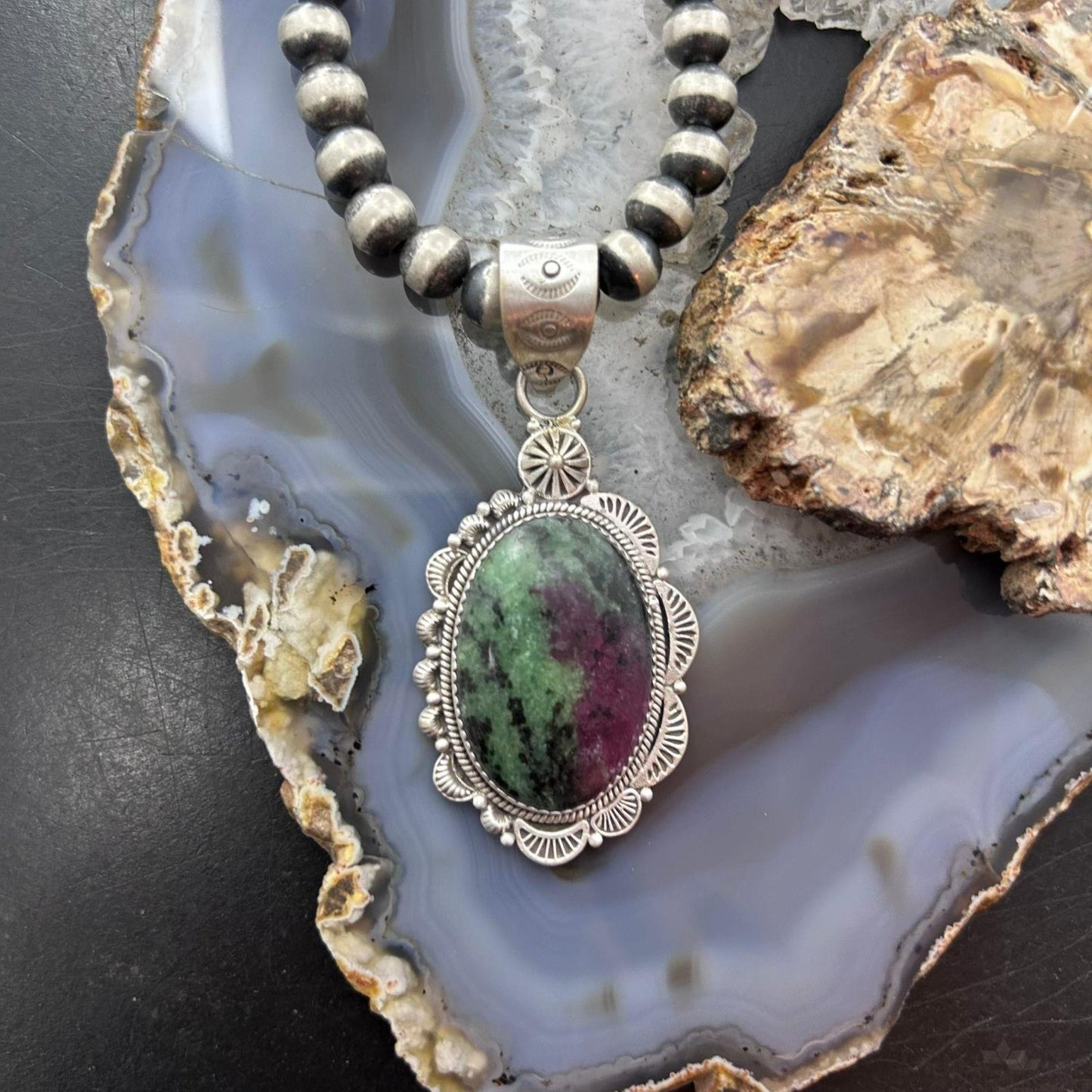Sterling Silver Southwestern Style Oval Ruby Zoisite Decorated Pendant For Women