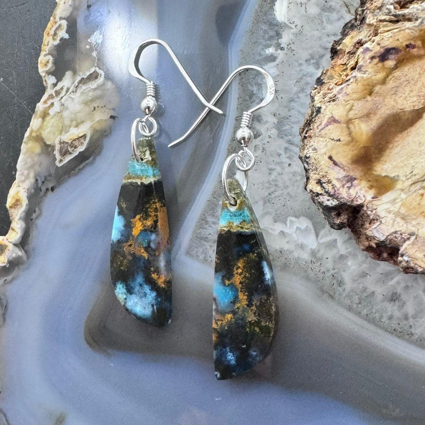 Sterling Silver Elongated Triangle Chrysocolla Slab Dangle Earrings For Women #229