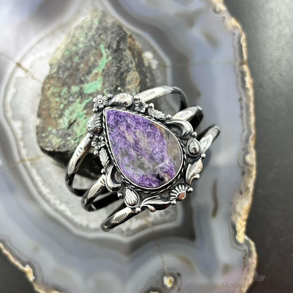 Sterling Silver Southwestern Style Teardrop Charoite Decorated Bracelet For Women