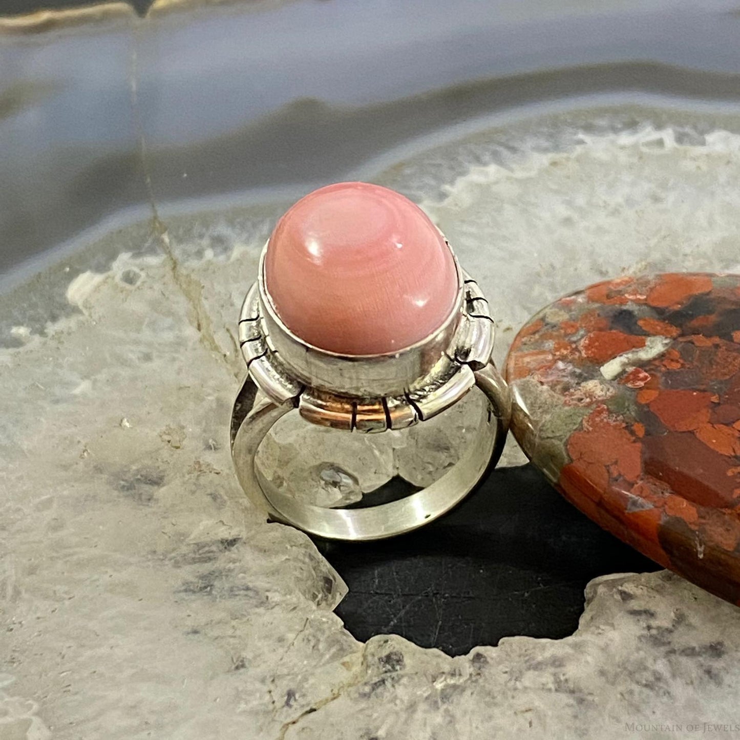 Samson Edsitty Native American Sterling Silver Oval Pink Conch Ring Size 7.5