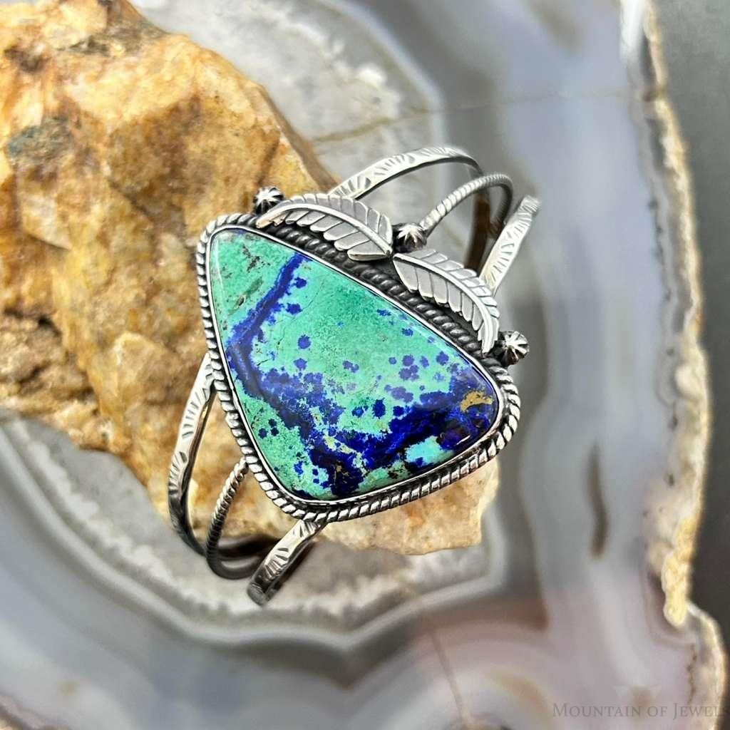 Sterling Silver Southwestern Style Large Triangle Azurite Decorated Bracelet For Women