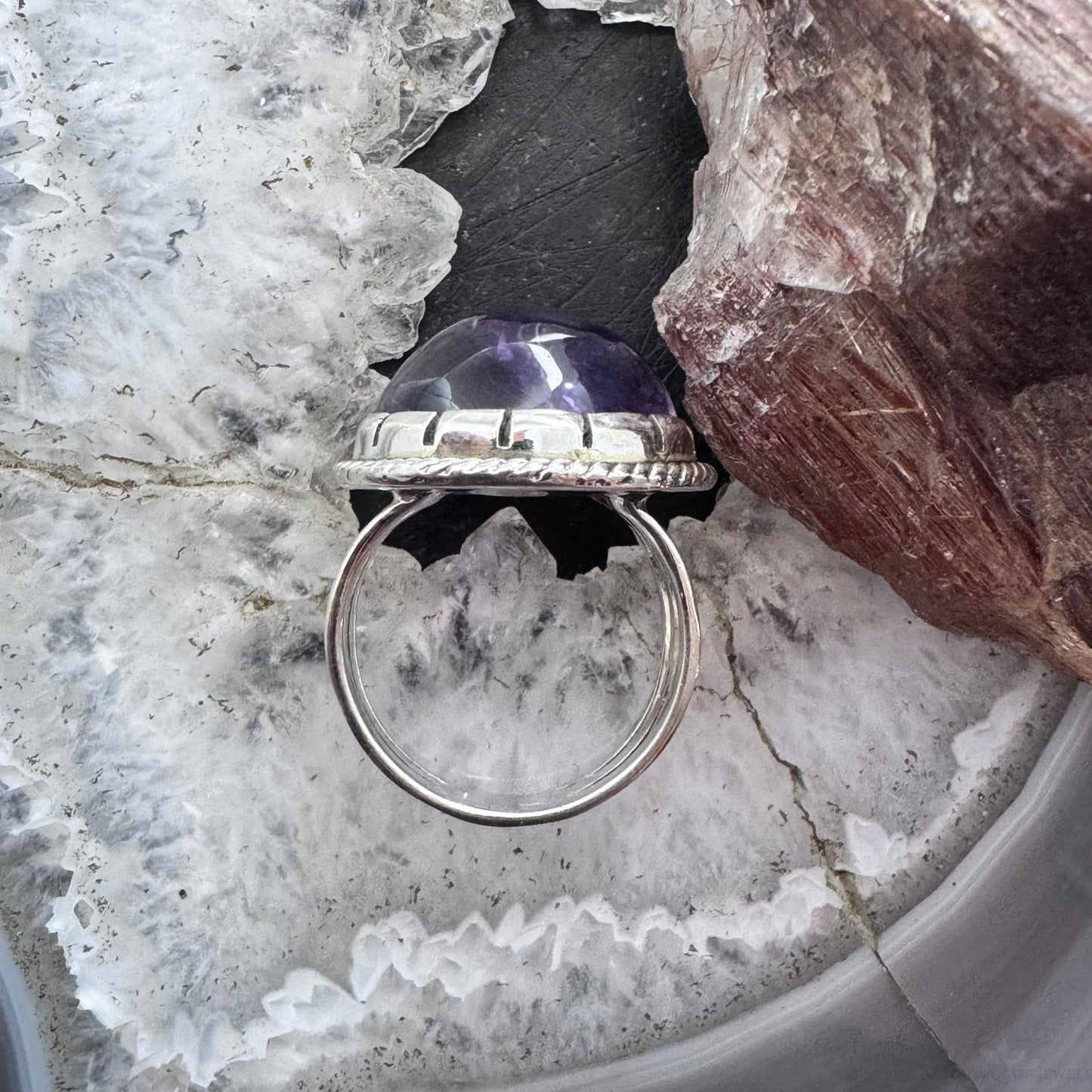 Sterling Silver Southwestern Style Round Amethyst Decorated Ring Size 8.75 For Women