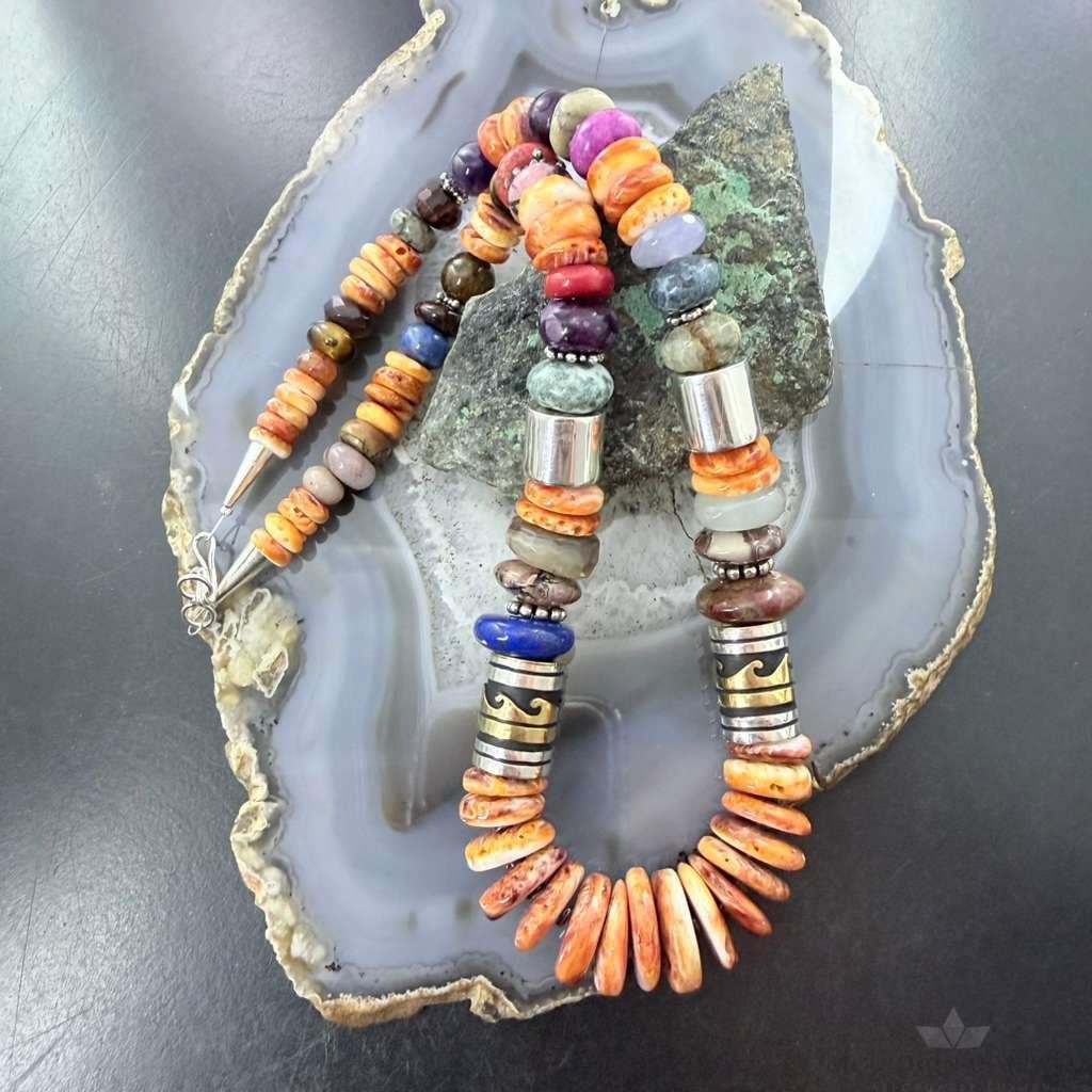 Tommy & Rosita Singer Sterling Silver Spiny Oyster & Multistone Beads 20" Necklace For Women
