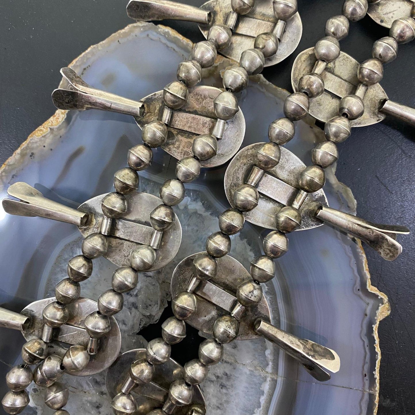 Native American Silver Shadow Box Turquoise Squash Blossom Necklace 31"