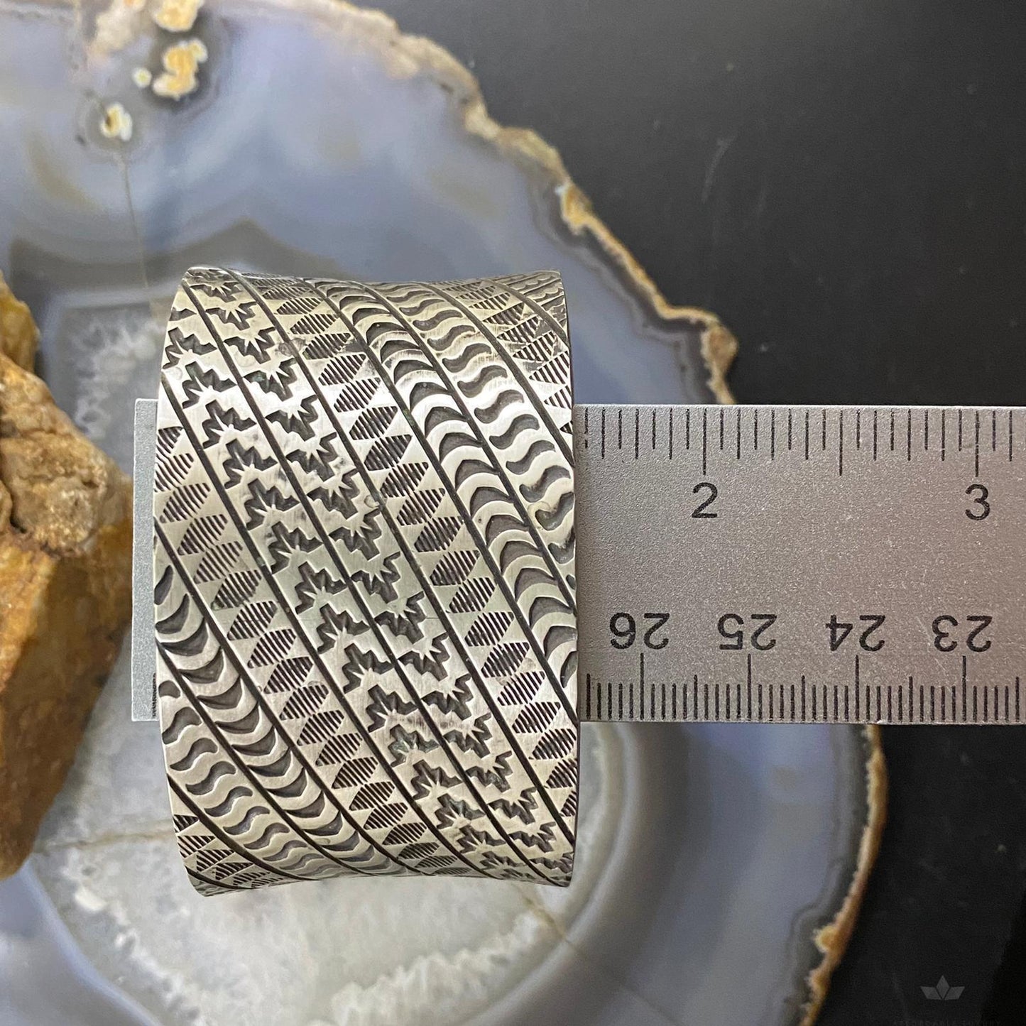 J J Otero Native American Sterling Silver Stamped Wide Heavy Gauge Bracelet