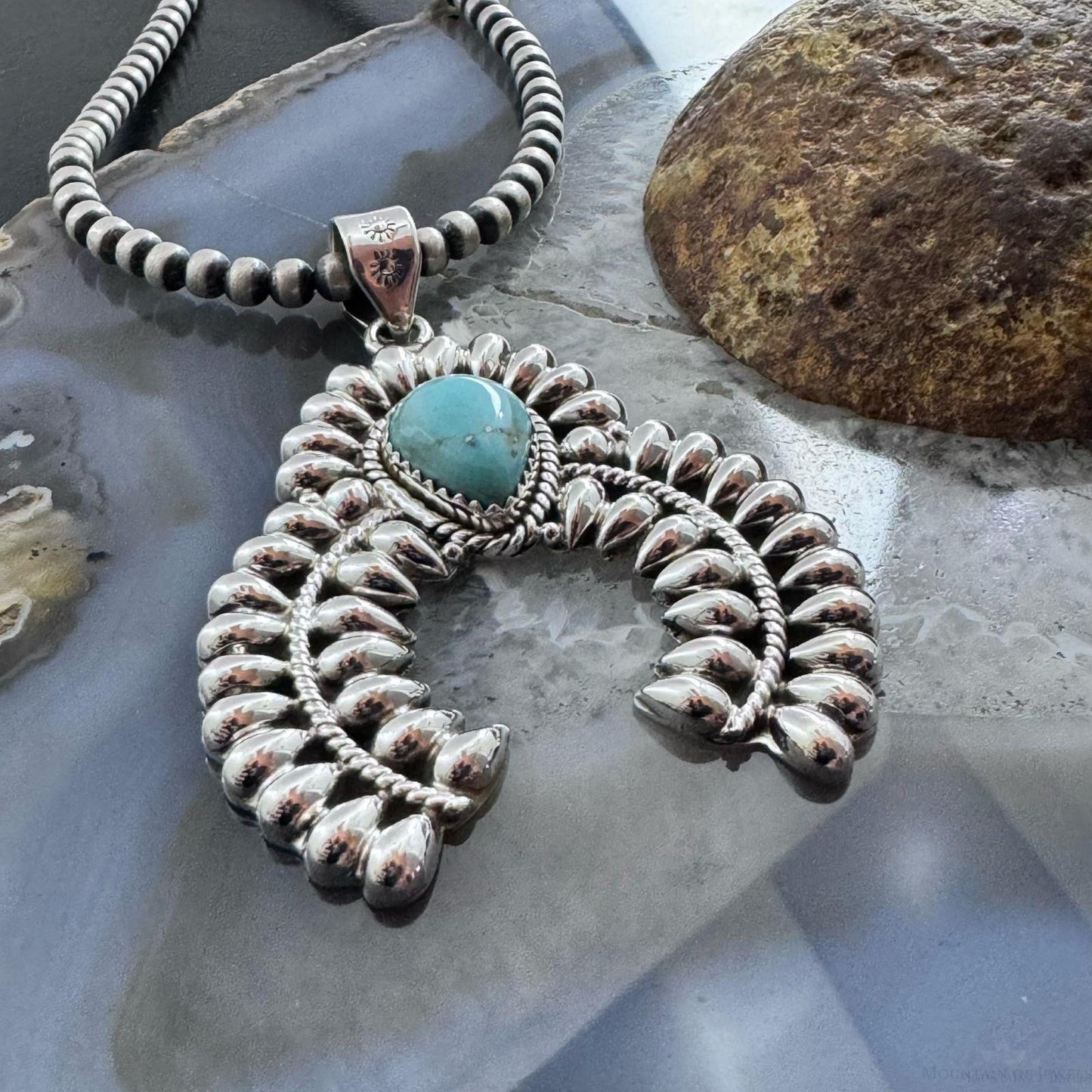 Sterling Silver Southwestern Style Teardrop Turquoise Decorated Unisex Naja Pendant