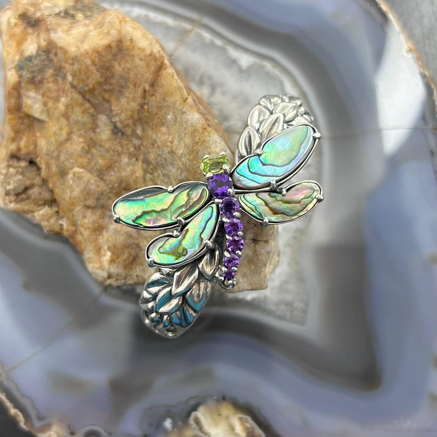 Carolyn Pollack Sterling Silver Multi Gemstone Dragonfly Decorated Hinged Cuff Bracelet