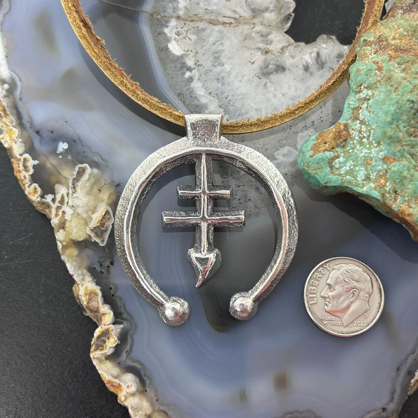 Gary Custer Sterling Silver Tufa Cast Cross Naja Unisex Pendant w/Leather Cord