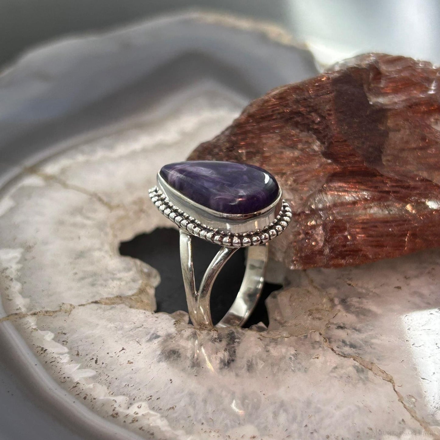 Sterling Silver Southwestern Style Teardrop Charoite Ring Size 8.5 For Women
