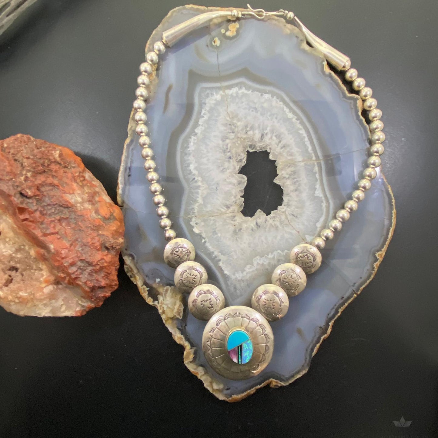 Vintage Native American Sterling Silver Double Side Stone Necklace For Women