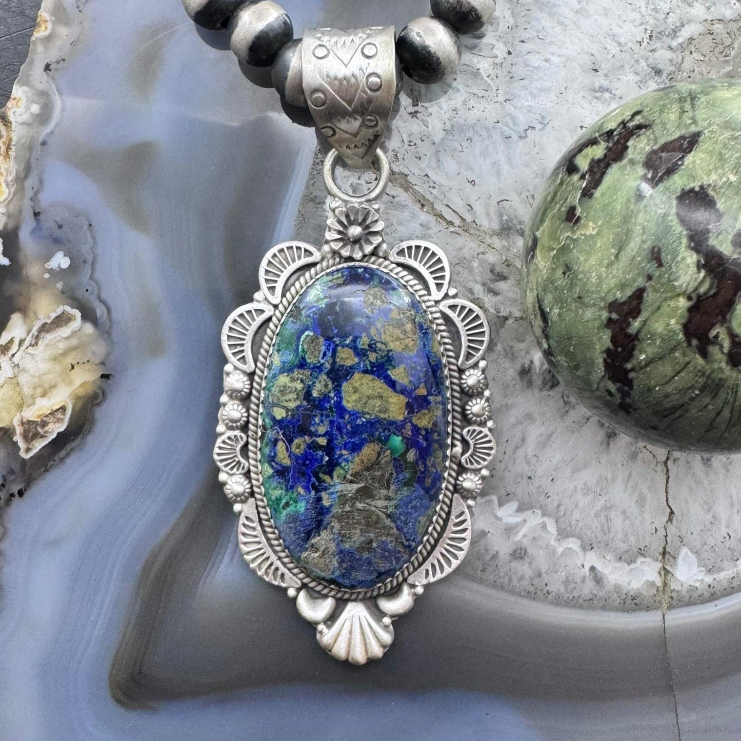 Sterling Silver Southwestern Style Elongated Oval Chrysocolla Decorated Pendant For Women