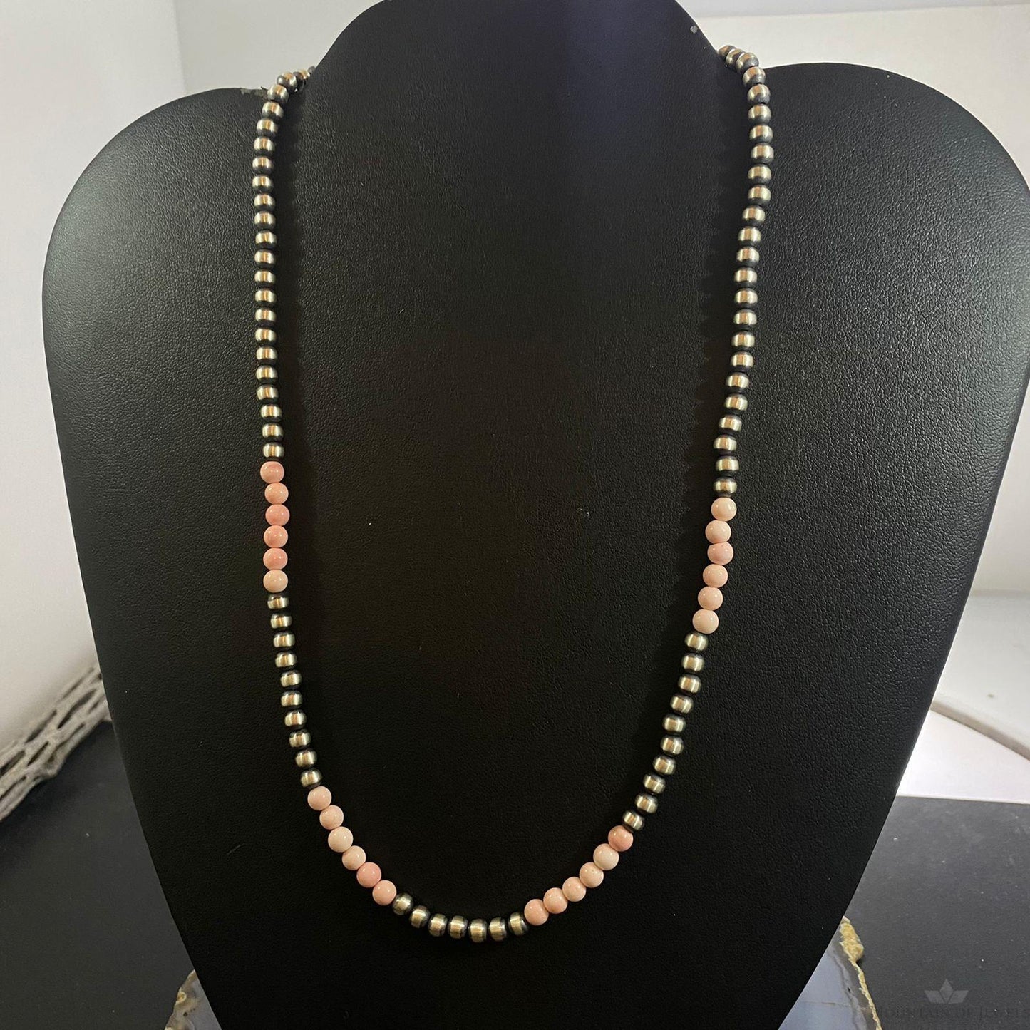 Native American Sterling 4mm Navajo Pearl 4.4mm Peruvian Opal Bead 16" Necklace