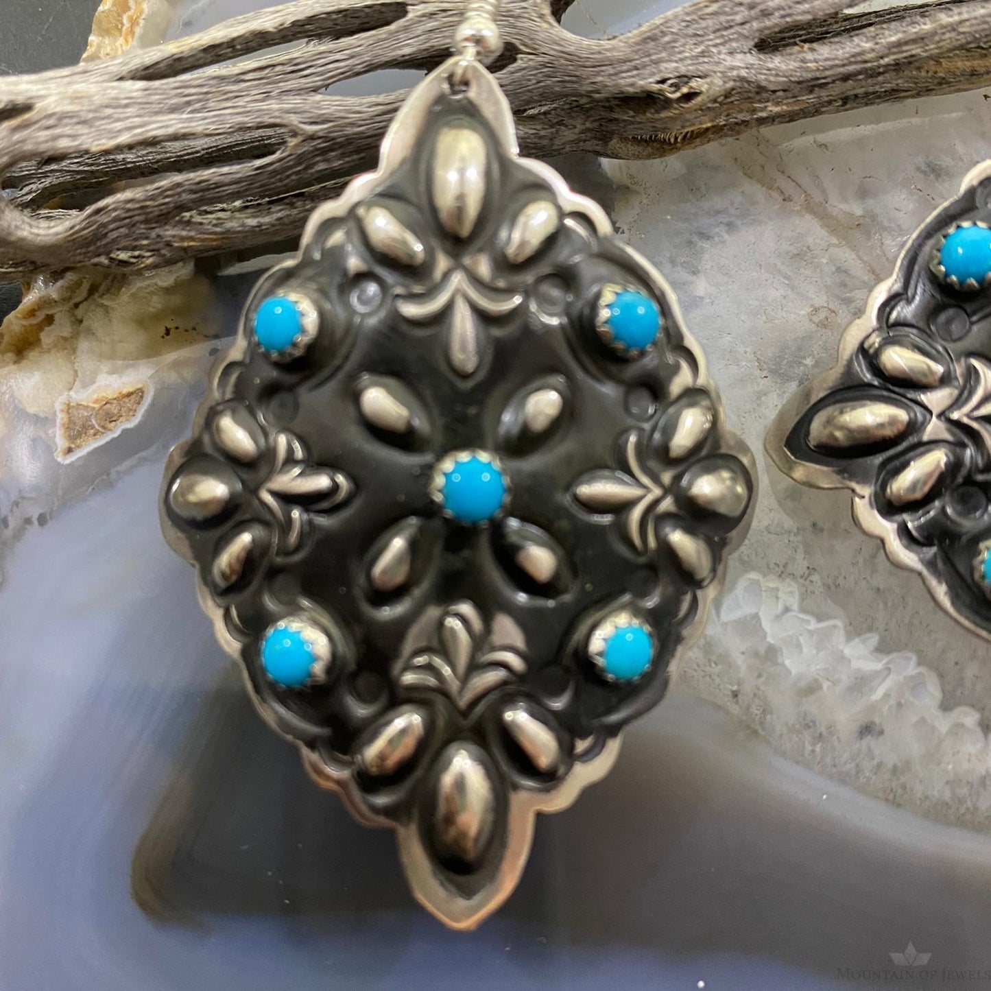 Leander Tahe Sterling Silver Turquoise Floral Repousse Square Concho Earrings